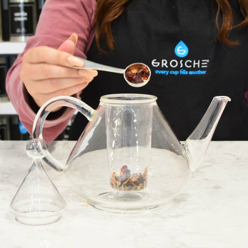 borosilicate glass teapot with infuser, infusion teapot with matching glass infuser, classy glass tea maker, infusion glass teapot for loose leaf tea, GROSCHE merlin