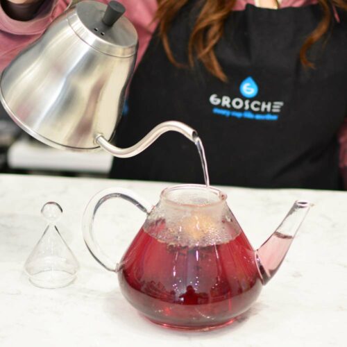 borosilicate glass teapot with infuser, infusion teapot with matching glass infuser, classy glass tea maker, infusion glass teapot for loose leaf tea, GROSCHE merlin