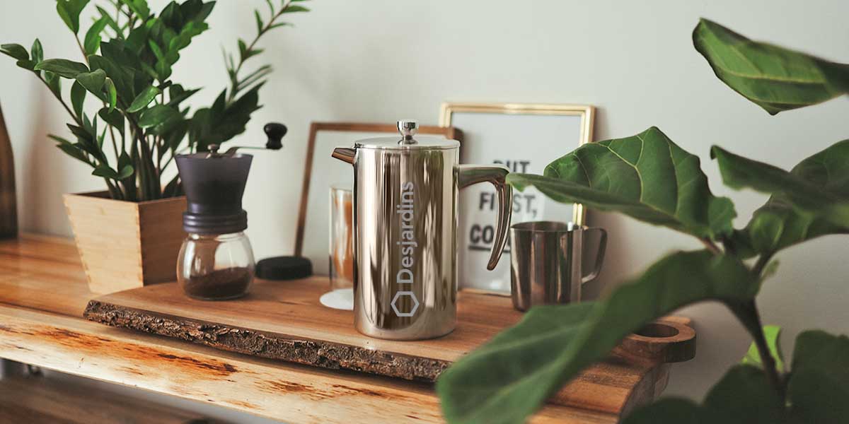 custom logo french press, stainless steel coffee maker with corporate logo, custom coffee gifts, employee work from home gift, client gift, branded client custom gifts, conference gifts