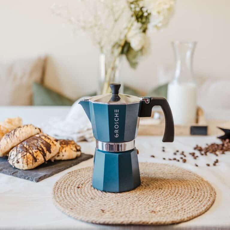 MILANO Moka Pot Blue on tabletop to serve coffee