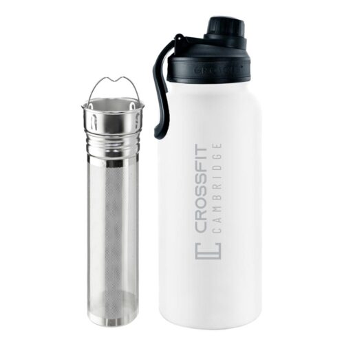 32 oz white grosche chicago steel workout water bottle gym bottle, crossfit bottle infuser for tea and fruit, stainless steel crossfit water bottle tea infuser bottle, tea flask, fruit infuser water bottle