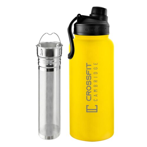 32 oz yellow grosche chicago steel workout water bottle gym bottle, crossfit bottle infuser for tea and fruit, stainless steel crossfit water bottle tea infuser bottle, tea flask, fruit infuser water bottle