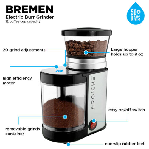 grosche bremen burr coffee grinder, budget burr grinder, electrical burr grinder. cheap burr coffee grinder, canada