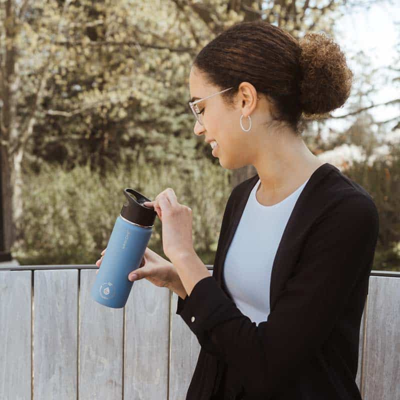 CHICAGO STEEL Slate Blue Insulated Tea Infuser Bottle on campus