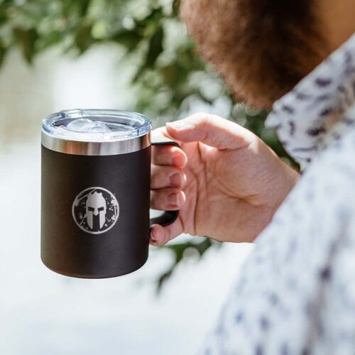 Spartan race insulated travel mug black with Spartan Helmet logo