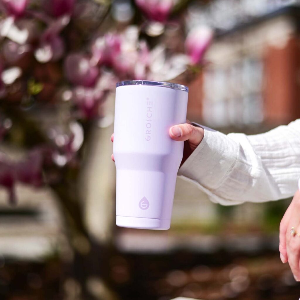 lavender coffee tumbler, insulated coffee tumbler, lavender tumbler with lid